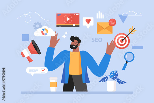 Web marketing and online advertising concept. Modern vector illustration of businessman promoting website, products and social media content