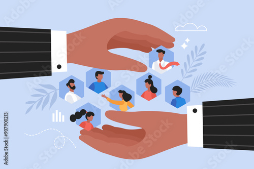 Customer care and retention business concept. Modern vector illustration of businessman hands holding loyal customers