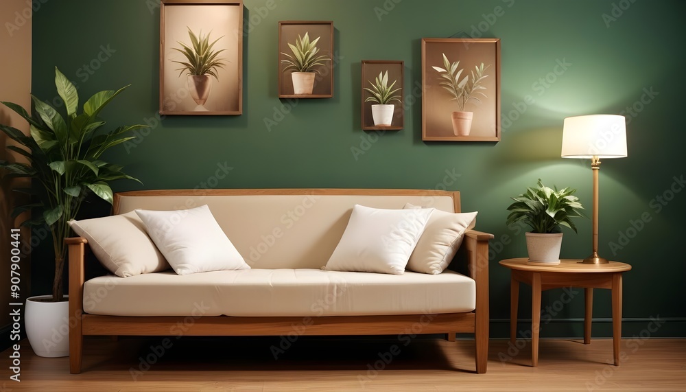 Scandinavian interior design of modern stylish living room with a cozy wooden sofa with white cushions near a dark green wall Side table with a houseplant and a potted tree Scandinavian interior design of modern stylish living room with a cozy wooden sofa with white cushions near a dark green wall Side table with a houseplant and a potted tree