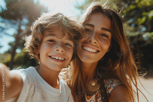 Latin mom and Latin son taking a selfie, son holding a smartphone, sunny and cheerful day.