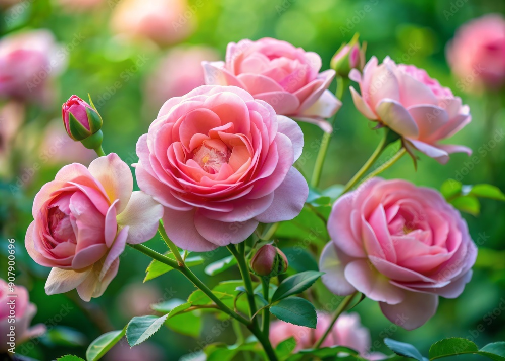 Delicate pink roses burst into bloom in a lush green garden, their soft petals and gentle curves evoking a sense of serene springtime beauty. Delicate pink roses burst into bloom in a lush green garden, their soft petals and gentle curves evoking a sense of serene springtime beauty.
