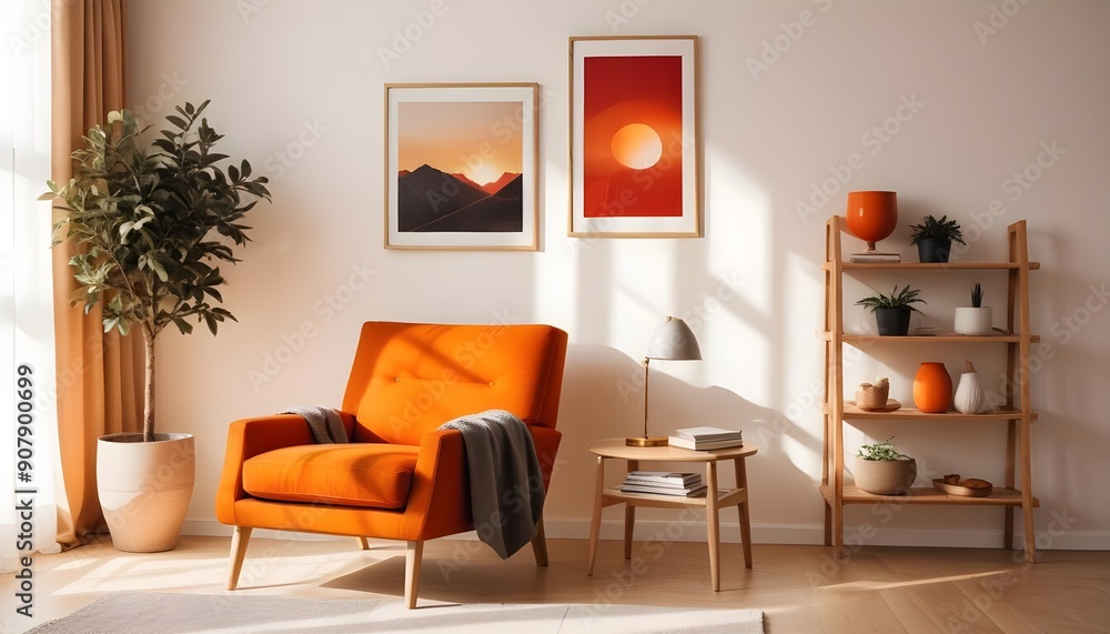 Scandinavian interior design of a modern living room with a gray armchair against a white wall with an empty mock-up poster frame Scandinavian interior design of a modern living room with a gray armchair against a white wall with an empty mock-up poster frame