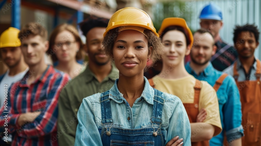 Obraz premium A diverse group of essential workers standing together with pride and determination, celebrating Labor Day