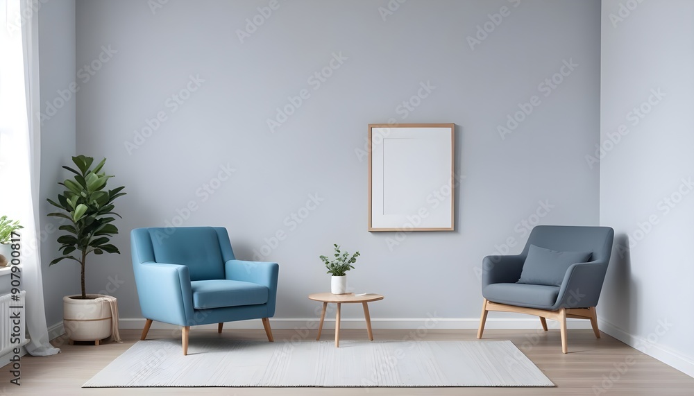 Scandinavian interior design of a modern living room with a gray armchair against a white wall with an empty mock-up poster frame Scandinavian interior design of a modern living room with a gray armchair against a white wall with an empty mock-up poster frame