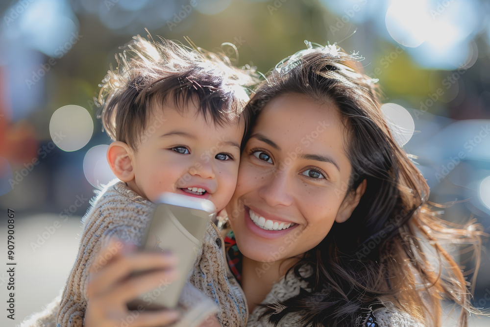 Obraz premium Latin mom and Latin son taking a selfie, son holding a smartphone, sunny and cheerful day.