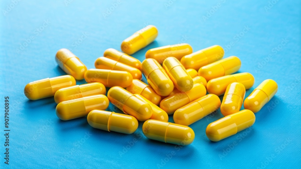 Vibrant yellow pills scattered on a calming blue background, symbolizing health and wellness, highlight the importance of vitamins and minerals in a balanced diet. Vibrant yellow pills scattered on a calming blue background, symbolizing health and wellness, highlight the importance of vitamins and minerals in a balanced diet.
