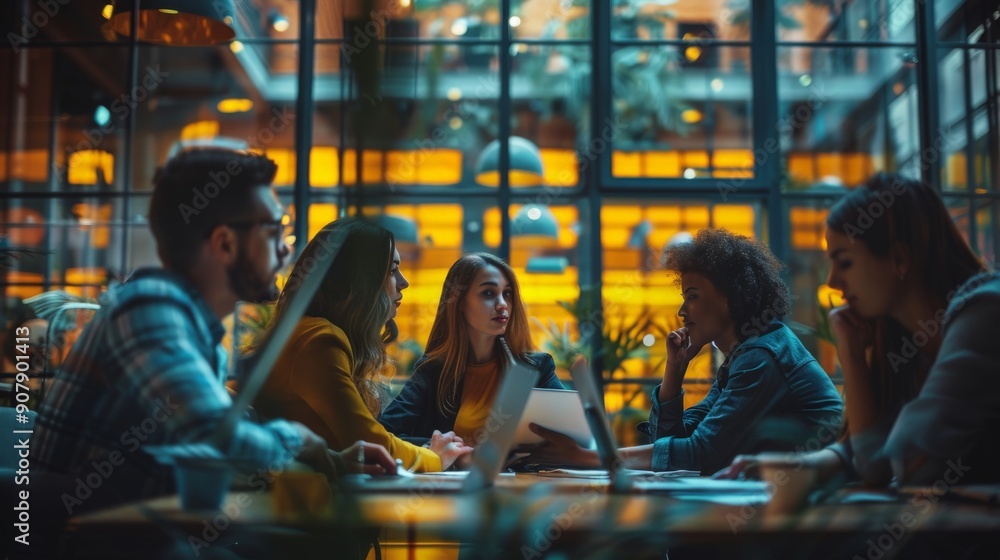 A diverse team of workers brainstorms in a meeting room, highlighting the collaborative spirit within offices during Labor Day A diverse team of workers brainstorms in a meeting room, highlighting the collaborative spirit within offices during Labor Day