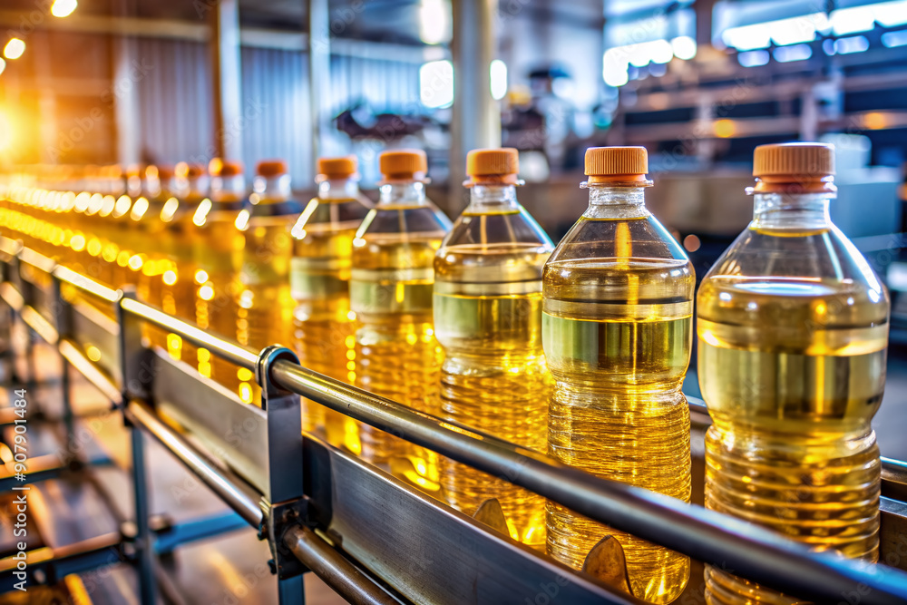 Golden sunflower oil bottles glide along a rapid conveyor belt, their transparent labels and caps reflecting light, amidst a blur of factory machinery movement. Golden sunflower oil bottles glide along a rapid conveyor belt, their transparent labels and caps reflecting light, amidst a blur of factory machinery movement.