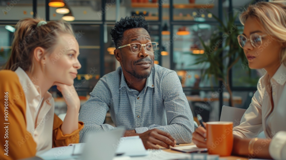 A diverse team of workers brainstorms in a meeting room, highlighting the collaborative spirit within offices during Labor Day A diverse team of workers brainstorms in a meeting room, highlighting the collaborative spirit within offices during Labor Day