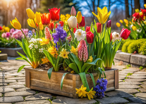 Wallpaper Mural Vibrant colors of blooming spring flowers, including tulips, daffodils, and hyacinths, spill out of a delicate vintage wooden planter on a sunny stone patio. Torontodigital.ca