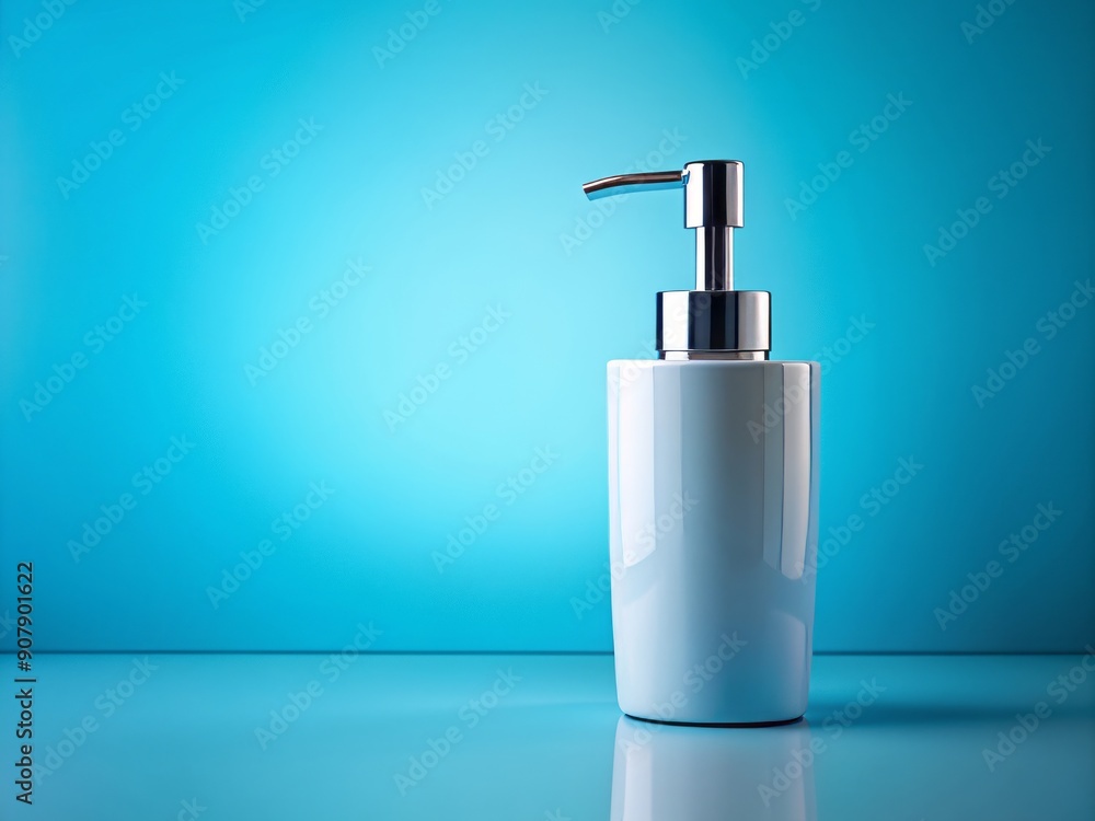 A modern liquid soap dispenser stands upright on a serene blue background, symbolizing cleanliness, hygiene, and purity, against a calming and clinical backdrop. A modern liquid soap dispenser stands upright on a serene blue background, symbolizing cleanliness, hygiene, and purity, against a calming and clinical backdrop.