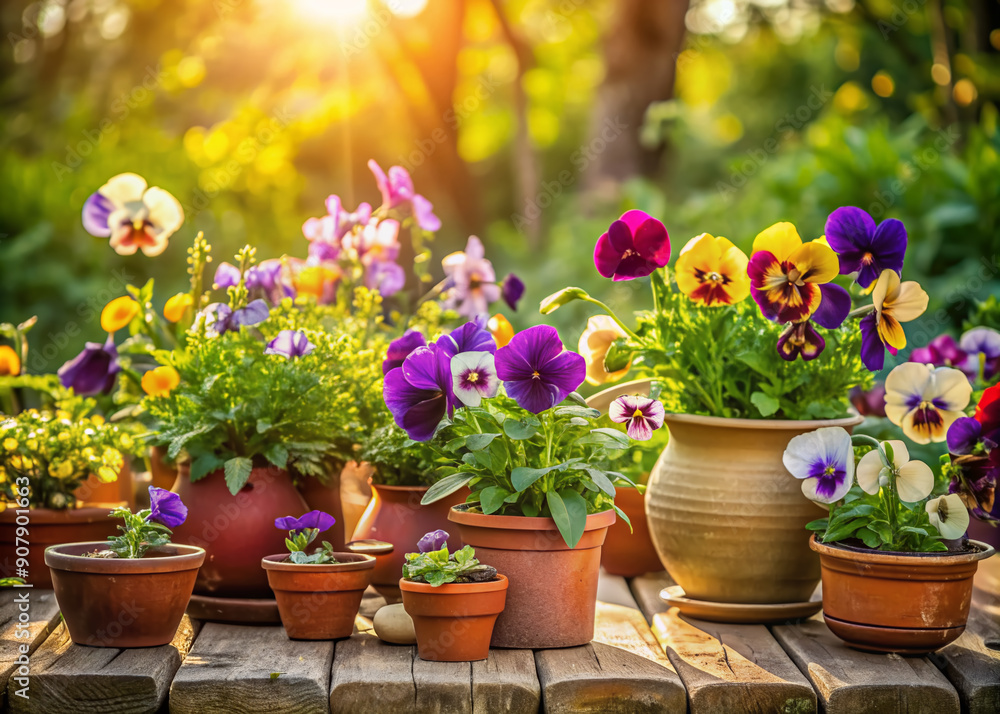 Vibrant pansies and delicate violets spill from rustic ceramic pots and planters on a weathered outdoor table, surrounded by lush greenery and warm sunlight. Vibrant pansies and delicate violets spill from rustic ceramic pots and planters on a weathered outdoor table, surrounded by lush greenery and warm sunlight.