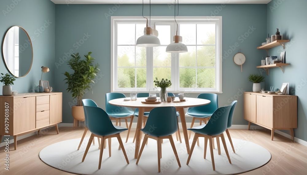 Scandinavian rustic home interior design of a modern living room with grey barrel chairs at a wooden round dining table Scandinavian rustic home interior design of a modern living room with grey barrel chairs at a wooden round dining table