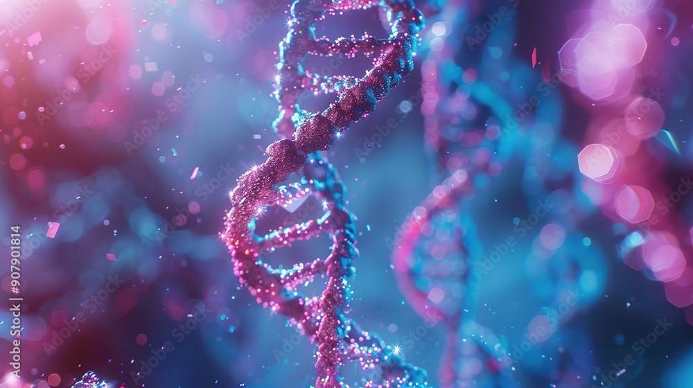 Glorious Double Helix DNA Structure Pink and Purple Colors Glowing Particles and Bokeh Effect