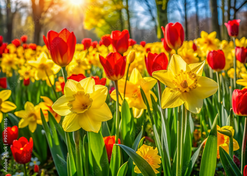 Vibrant yellow daffodils and red tulips bloom in unison, filling a lush green garden with vibrant color and sweet fragrance on a sunny spring day. Vibrant yellow daffodils and red tulips bloom in unison, filling a lush green garden with vibrant color and sweet fragrance on a sunny spring day.