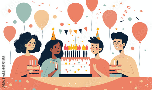 Four diverse young people celebrate birthday party orange cake lit candles helium balloons isolated white background. Three women one man wearing birthday hats hold pieces orange cake. Woman long
