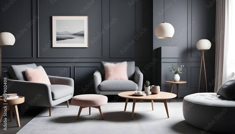 Obraz premium Scandinavian style home interior design of a modern living room with a grey chair and round coffee table near a corner sofa against a dark grey paneling wall