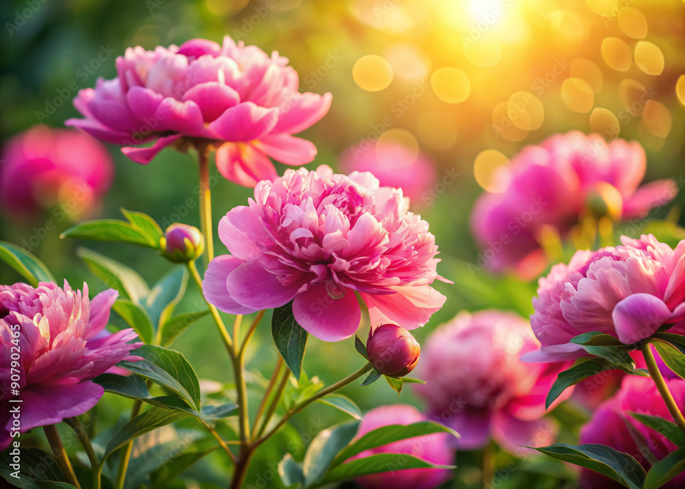 Fototapeta premium Vibrant pink peonies bloom in lush greenery, delicate petals unfolding like silk, against a soft focus bokeh background with warm golden afternoon sunlight filtering through.