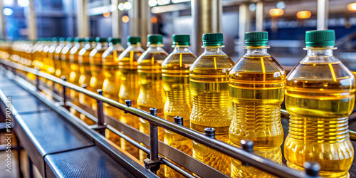 Freshly filled bottles of golden sunflower oil glide along a fast-paced conveyor belt,their labels and caps aligned perfectly in a mesmerizing production line sequence.