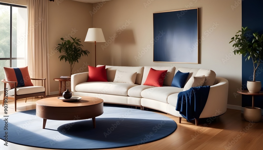 A round-shaped sofa and armchair near an ellipse wooden coffee table define the Japandi interior design of the modern living room A round-shaped sofa and armchair near an ellipse wooden coffee table define the Japandi interior design of the modern living room