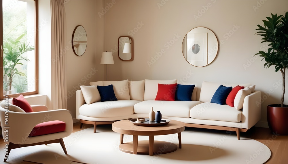 A round-shaped sofa and armchair near an ellipse wooden coffee table define the Japandi interior design of the modern living room A round-shaped sofa and armchair near an ellipse wooden coffee table define the Japandi interior design of the modern living room