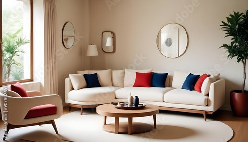 Wallpaper Mural A round-shaped sofa and armchair near an ellipse wooden coffee table define the Japandi interior design of the modern living room Torontodigital.ca