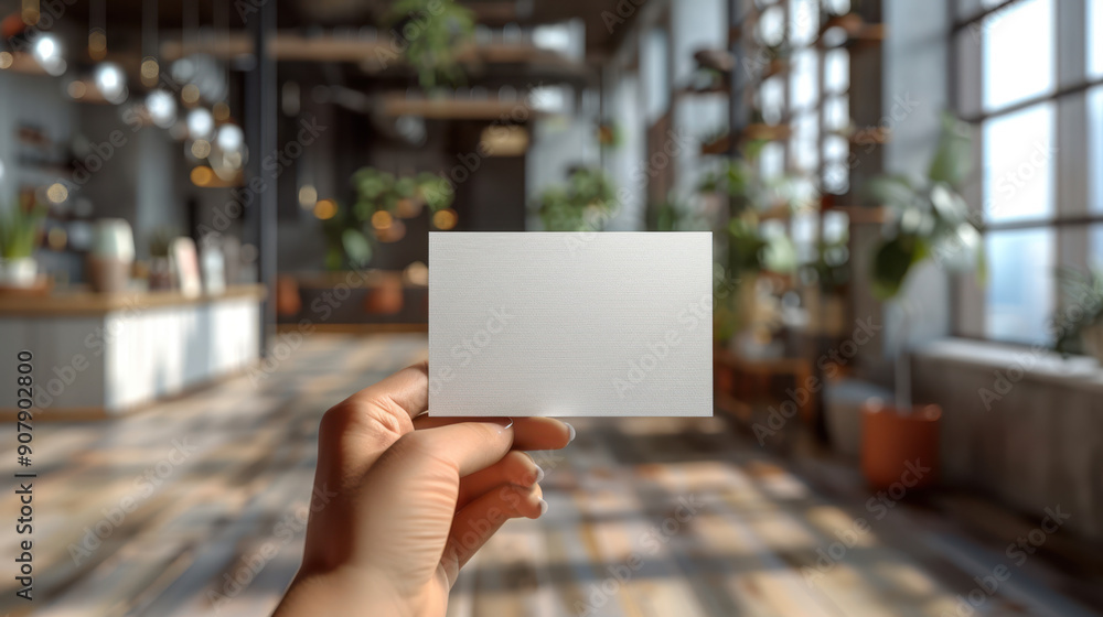 Hand holding blank business card in a modern cafe. Concept of business. Mockup Hand holding blank business card in a modern cafe. Concept of business. Mockup