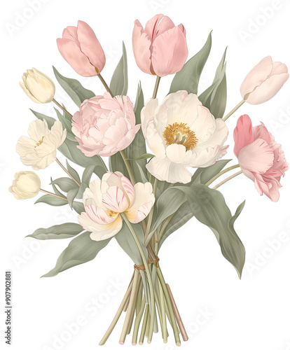 Watercolor Bouquet of Pink and White Peonies with Green Leaves in Artistic Style