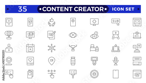 Content creator icon set. Modern thin line style of love social media related icons: passion, creator, celebrity, and more. Pictograms and infographics for mobile