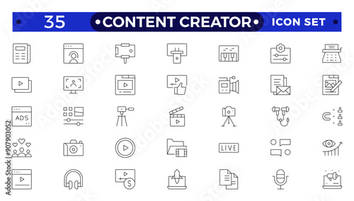 Content creator icon set. Modern thin line style of love social media related icons: passion, creator, celebrity, and more. Pictograms and infographics for mobile