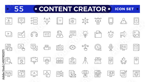 Content creator icon set. Modern thin line style of love social media related icons: passion, creator, celebrity, and more. Pictograms and infographics for mobile