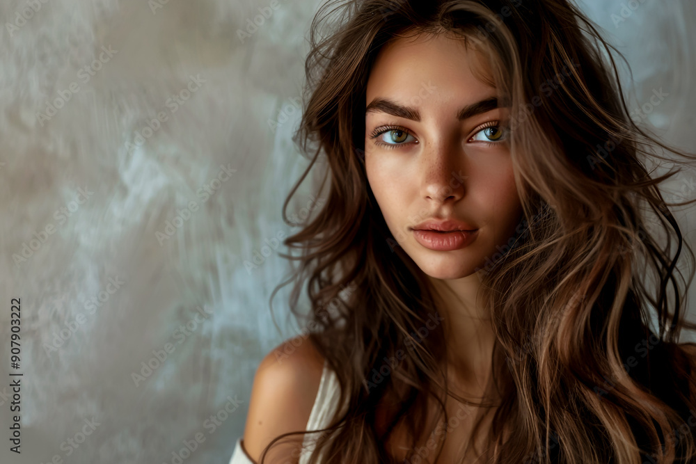Beautiful woman with long wavy brown hair showcasing natural beauty. Beautiful woman with long wavy brown hair showcasing natural beauty.