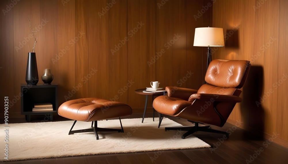 A recliner chair and a floor lamp are placed near a wooden blocks paneling wall, creating a cozy corner in the modern living room A recliner chair and a floor lamp are placed near a wooden blocks paneling wall, creating a cozy corner in the modern living room