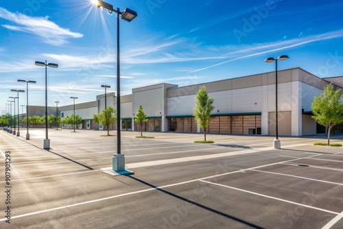 A serene and deserted parking area adjacent to a large retail store building with rows of empty spaces and a few lampposts on a sunny day.