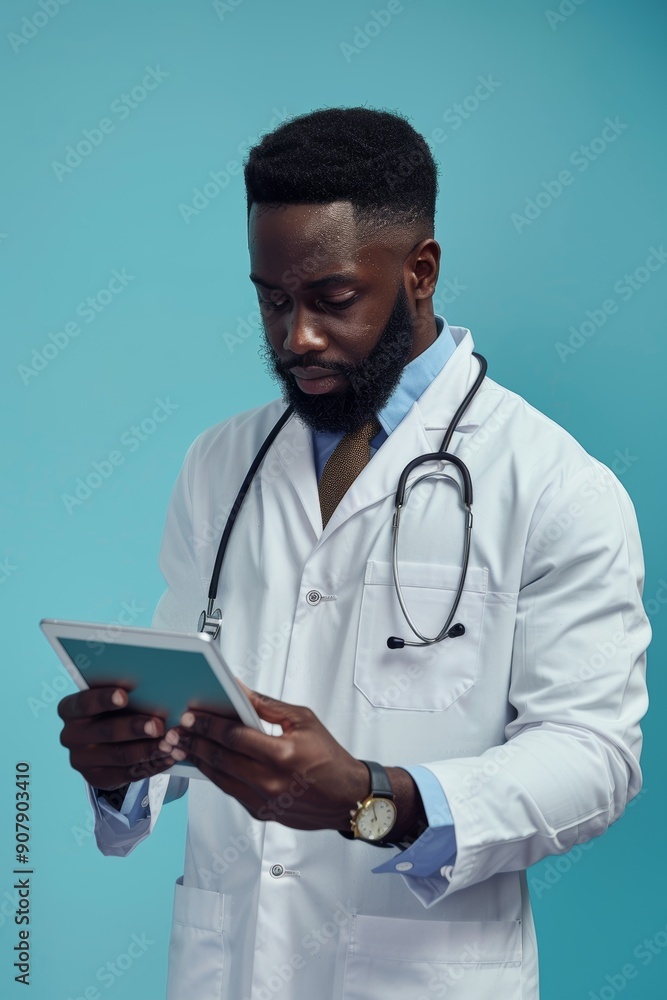 Cardiology research studio with tablet, black guy doctor, and blue background. Medical, technology, and innovation with a man doctor browsing internet. Cardiology research studio with tablet, black guy doctor, and blue background. Medical, technology, and innovation with a man doctor browsing internet.