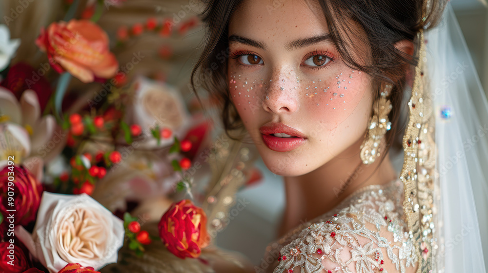 Fototapeta premium A beautiful bride with floral makeup and delicate embellishments on her face, wearing an intricately embroidered dress, against a floral background. Wedding beauty concept