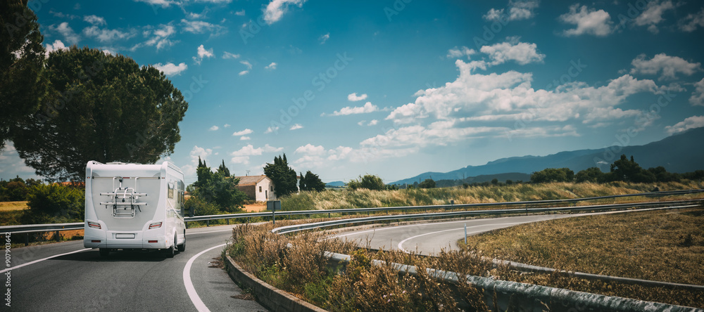 White Caravan Motorhome Car Goes On Highway Road
