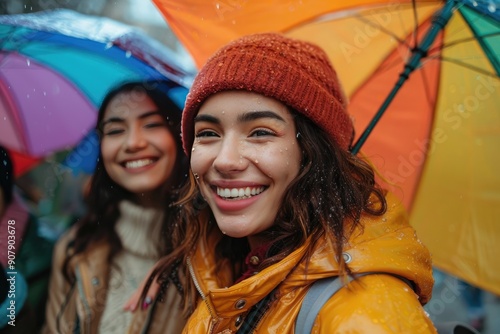 Two friends enjoy a rainy day, smiling brightly under colorful umbrellas, dressed warmly in cozy winter clothes and beanies.