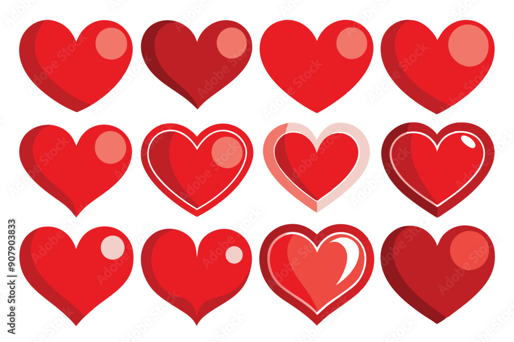 Twelve Variations of a Red Heart Shape with Different Styles Twelve Variations of a Red Heart Shape with Different Styles