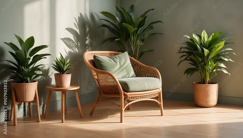 A rattan chair sits on a hardwood floor near a potted houseplant against a concrete wall with an empty frame with copy space, adding a touch of nature to the Scandinavian home interior design A rattan chair sits on a hardwood floor near a potted houseplant against a concrete wall with an empty frame with copy space, adding a touch of nature to the Scandinavian home interior design