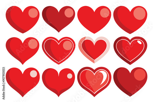 Twelve Variations of a Red Heart Shape with Different Styles