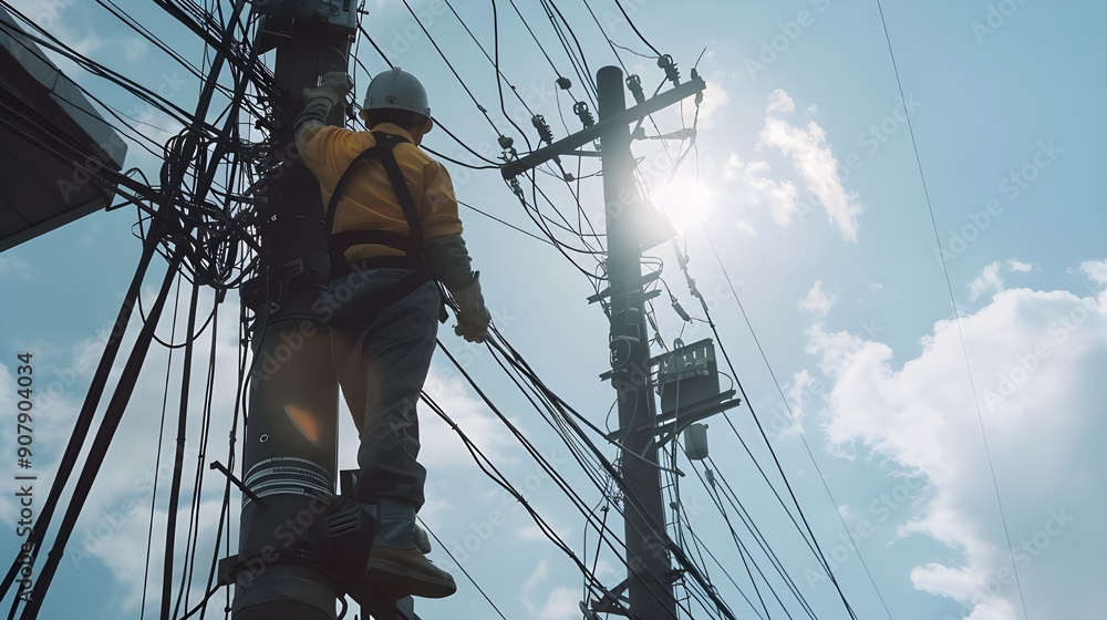 Electrician Working on Power Poles. Electrician Working on Power Poles.