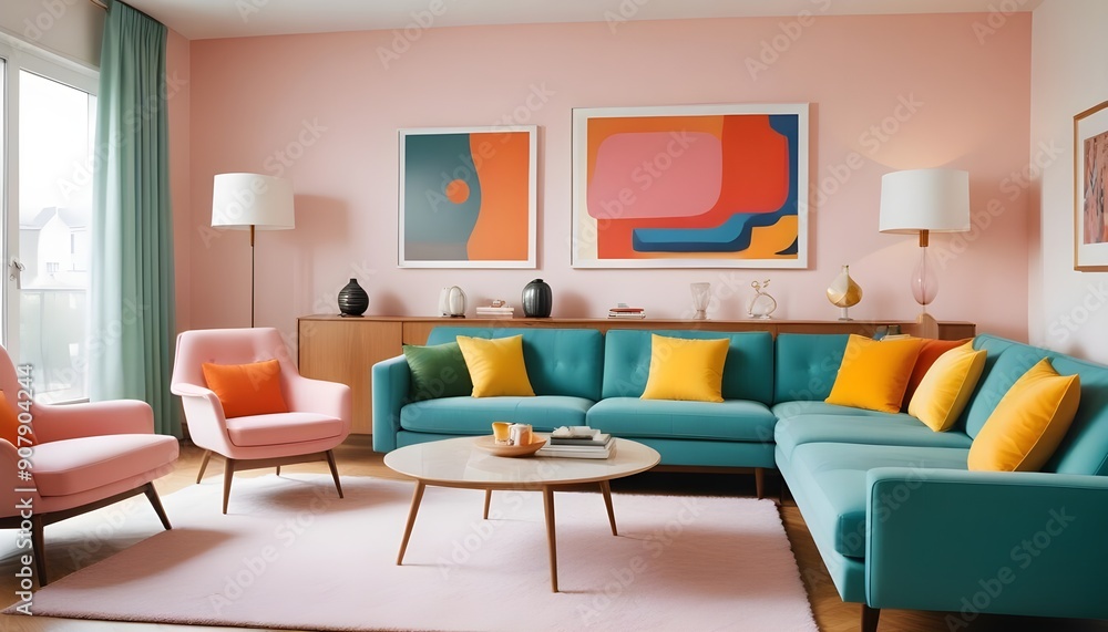 Pop art interior design of a modern living room features colorful upholstered mid-century furniture, creating a vibrant and eye-catching space Pop art interior design of a modern living room features colorful upholstered mid-century furniture, creating a vibrant and eye-catching space