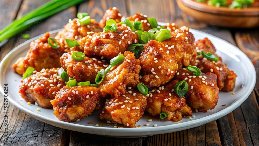 Crispy golden-brown fried chicken pieces on a white plate, smothered in spicy Asian-inspired sauce, garnished with green onions and sesame seeds for added appeal. Crispy golden-brown fried chicken pieces on a white plate, smothered in spicy Asian-inspired sauce, garnished with green onions and sesame seeds for added appeal.
