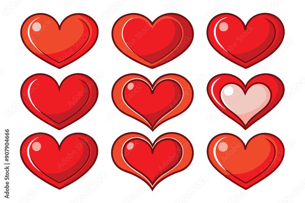 Nine Red Hearts with Varying Designs and Fill Patterns Nine Red Hearts with Varying Designs and Fill Patterns
