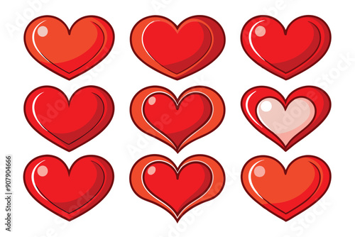 Nine Red Hearts with Varying Designs and Fill Patterns