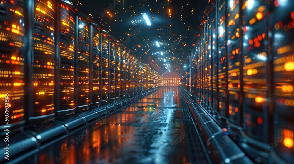 A modern data center with rows of glowing servers and intricate wiring, showcasing advanced technology and high-speed computing infrastructure. A modern data center with rows of glowing servers and intricate wiring, showcasing advanced technology and high-speed computing infrastructure.