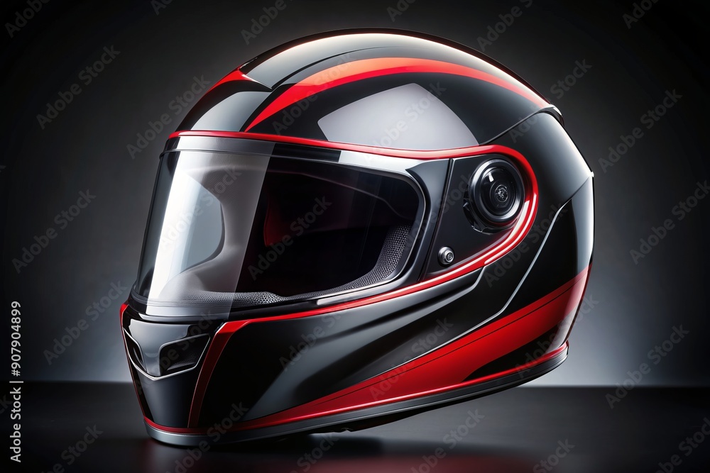 Fototapeta premium Sleek and modern black motorcycle helmet with bold red trim details, perfectly polished, centered on a dark background, evoking speed and power.
