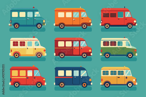 A Collection of Nine Colorful Vans in a Row