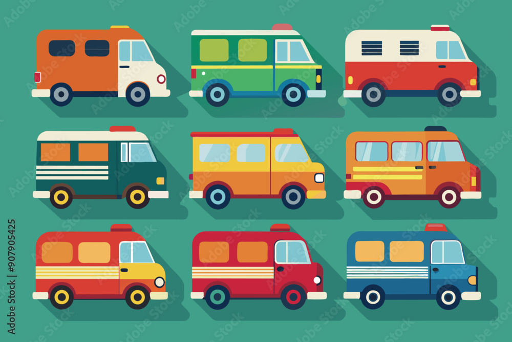 Collection of Nine Colorful Flat-Style Vans with Long Shadows Collection of Nine Colorful Flat-Style Vans with Long Shadows